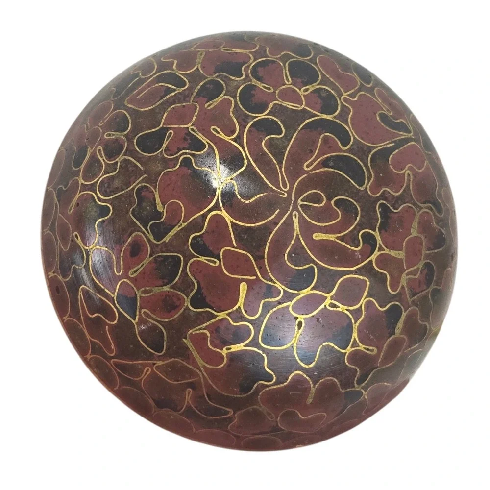 Vintage Asian Cloisonné Enamel Brass Round Lidded Trinket Box Blue Interior 2